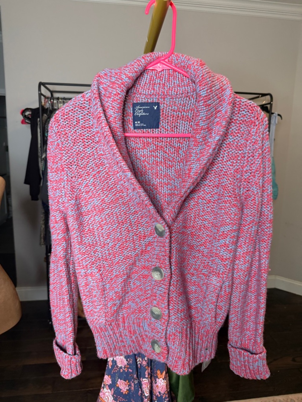 American Eagle Outfitters Pink Multi Shawl Collar Button Cardigan
